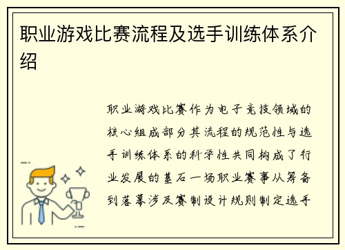 职业游戏比赛流程及选手训练体系介绍