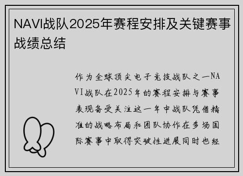NAVI战队2025年赛程安排及关键赛事战绩总结