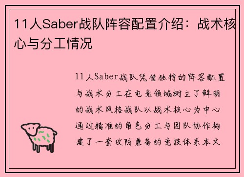 11人Saber战队阵容配置介绍：战术核心与分工情况