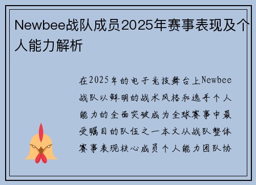 Newbee战队成员2025年赛事表现及个人能力解析