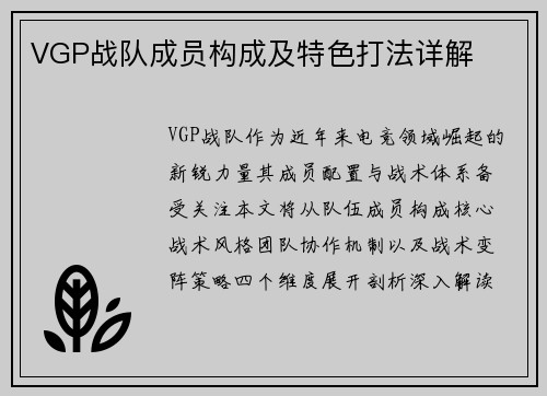VGP战队成员构成及特色打法详解